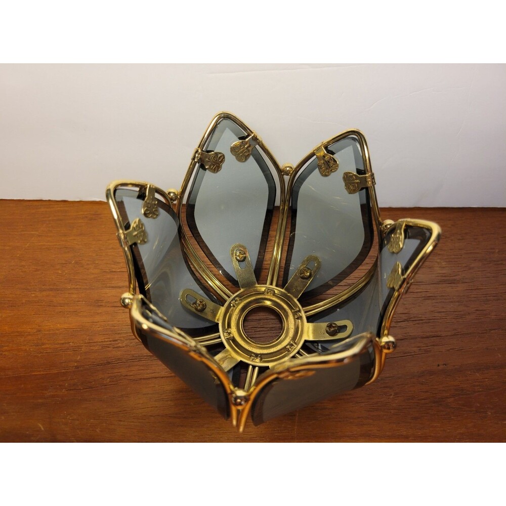 PartyLite Lotus Tealight Votive Candle Holder Smoky Grey Glass Brass 4” - Picture 7 of 10